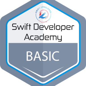 A vector graphic of a gray hexagonal badge that indicates a Basic Membership to the Swift Developer Academy.