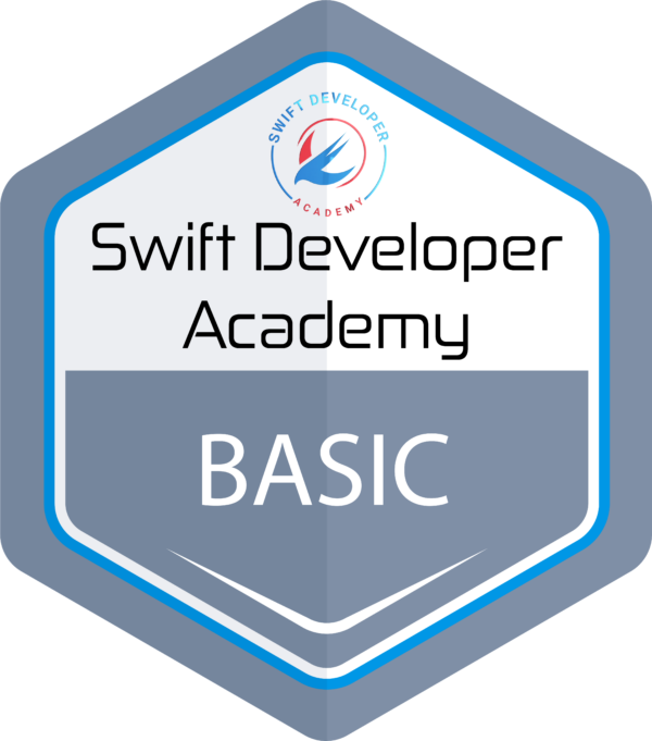 A vector graphic of a gray hexagonal badge that indicates a Basic Membership to the Swift Developer Academy.