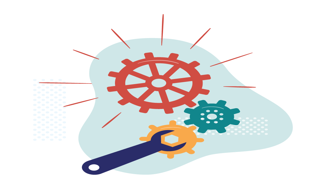 A vector image of three cogs and a wrench depicting app architecture and design.